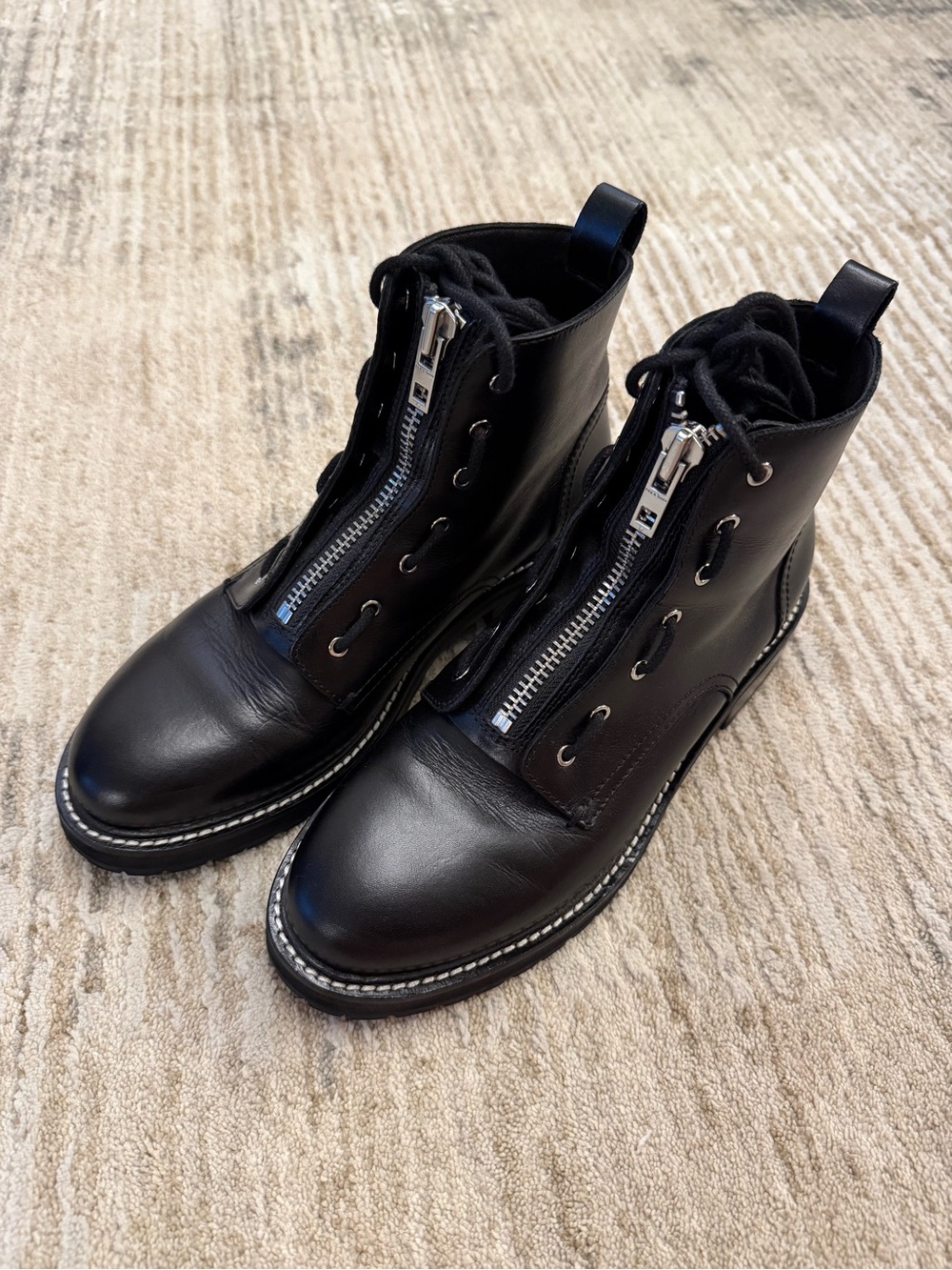 rag & bone Black Leather Lace-Up Ankle Boots with Front Zip 2 styles in 1
